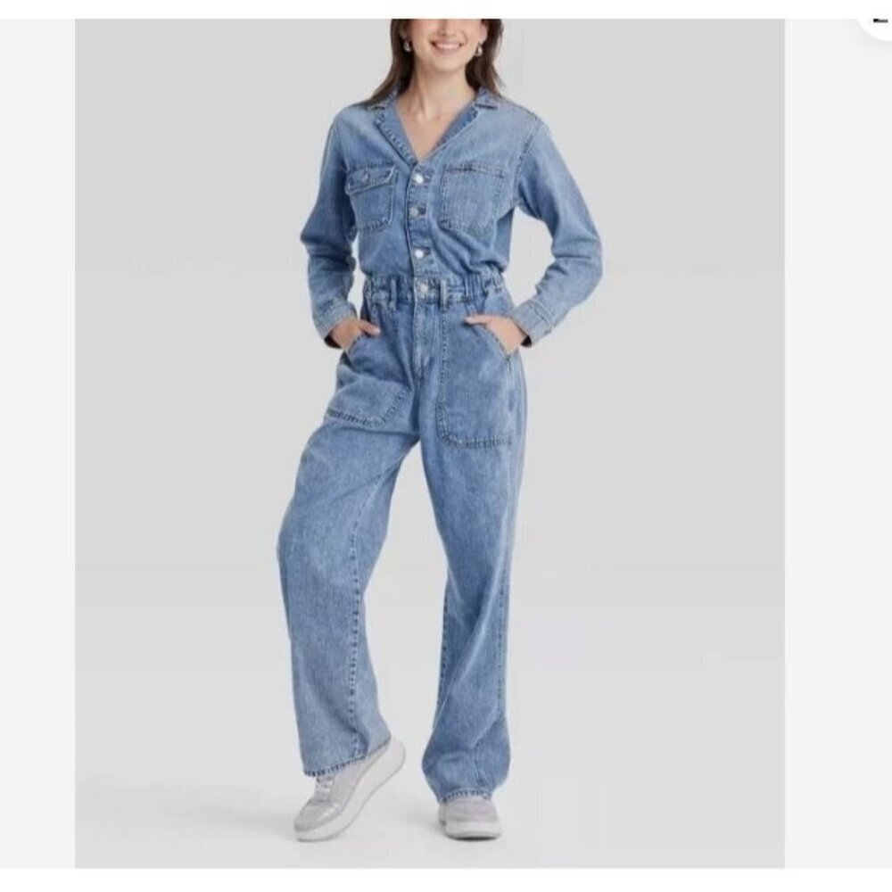NEW Women's 2 Long Sleeve Utility Baggy Denim Jumpsuit - Universal Thread 904